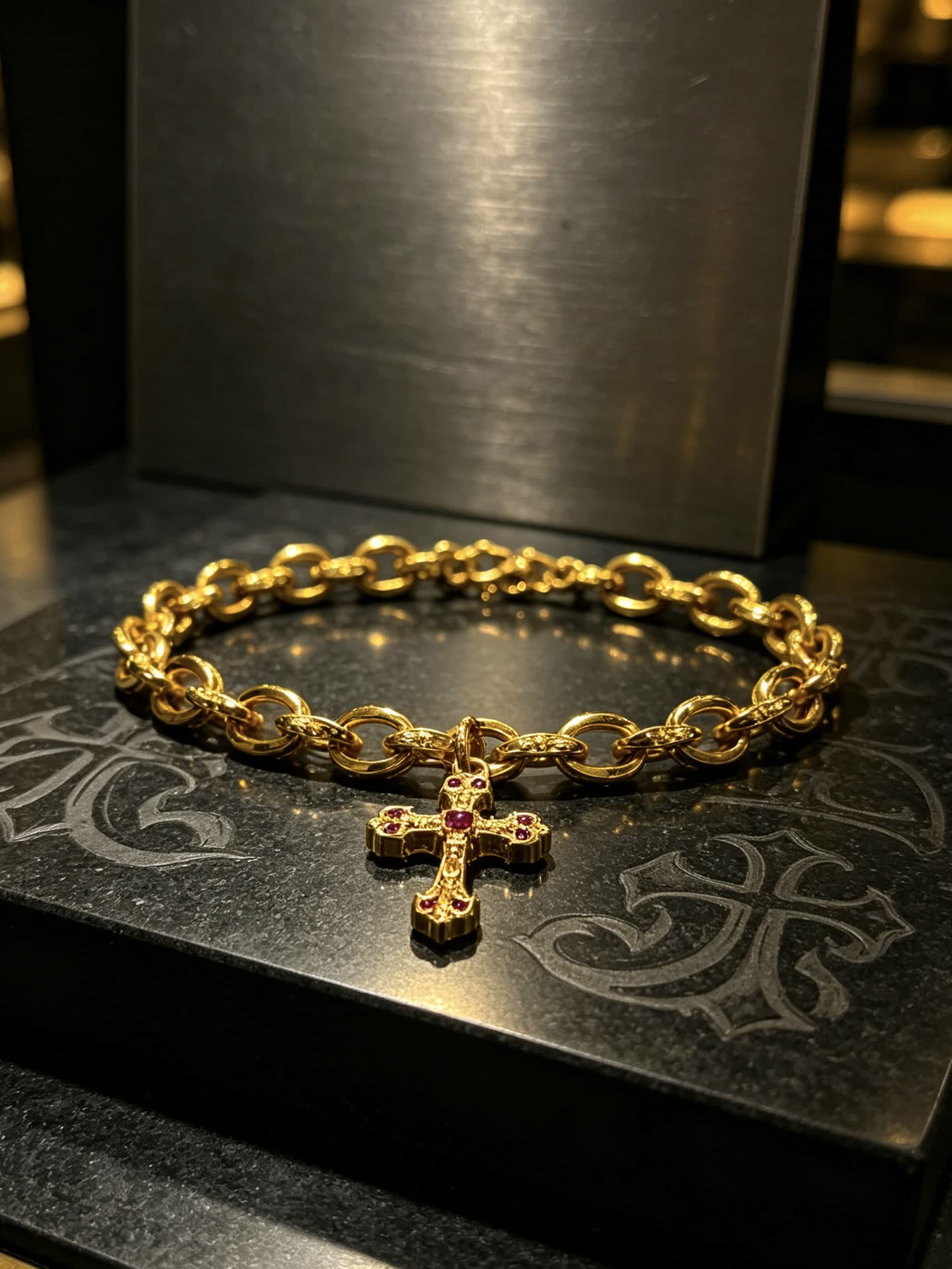 Chrome Hearts Gold Plated Bracelet with Cross Charm